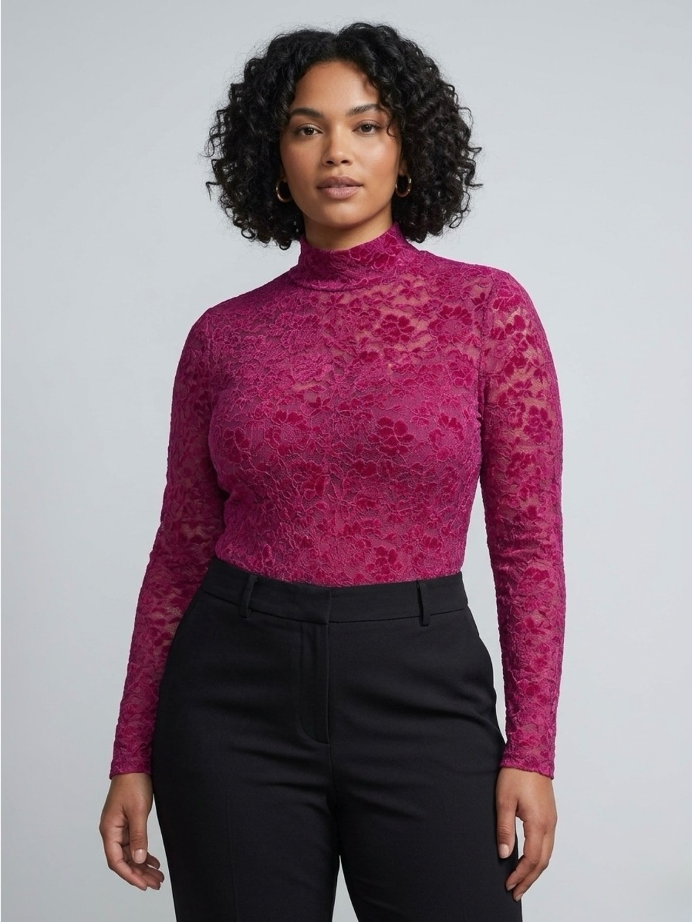 Steve Madden Cassi Lace Bodysuit Magenta Mock Neck L